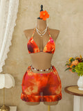 Bohemian Three-Piece Bikini Set with Halter Strap Print Swimwear
