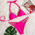 Sexy Metal Accessories Rhinestone Women Split Swimwear Vacation Bikini Plain Bandage Swimsuit