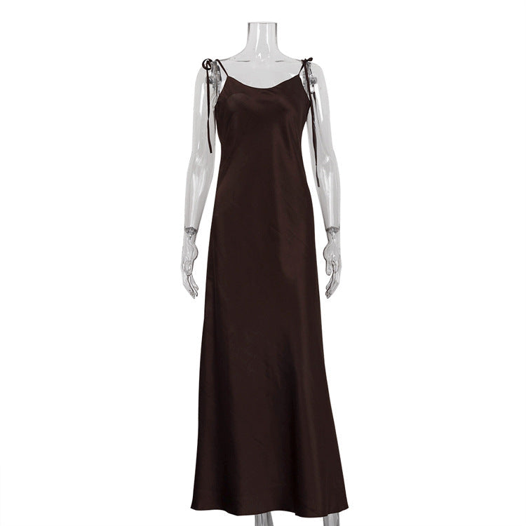 Sexy Long Suspender Dress Women Satin Drape Lace up off Shoulder Sleeveless High Waist Dress