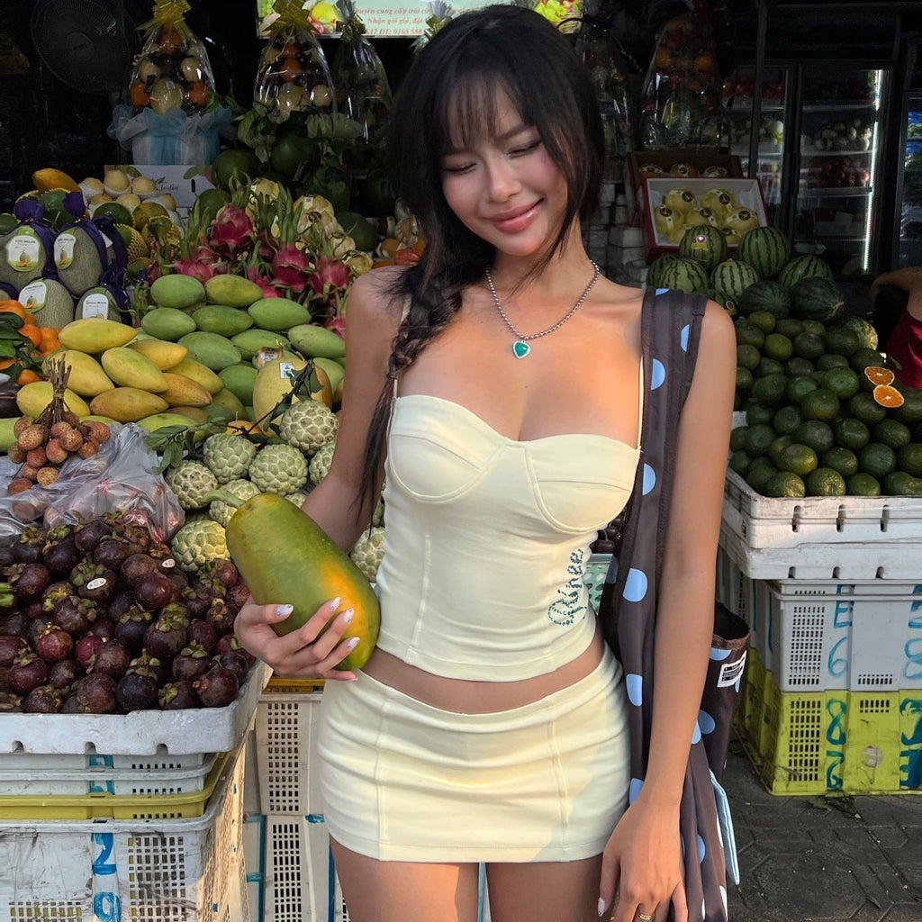 Women Clothing Summer Sexy Camisole Low Waist Printed Hip Skirt Set