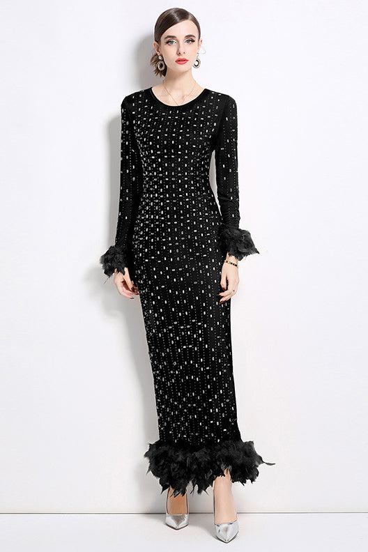 Women's Black Silver Maxi Party Dress with Rhinestone & Feather