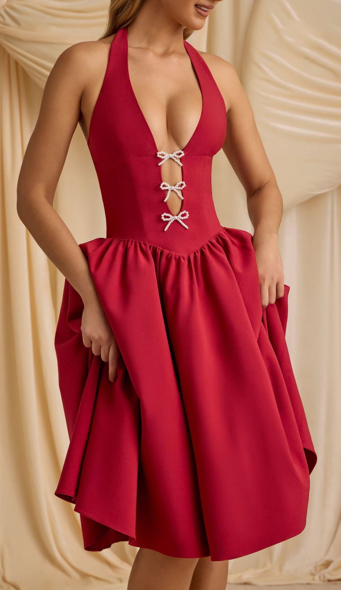 Spring Summer Halter Bow Deep V Plunge neck Backless Sexy Tulle Tutu Dress