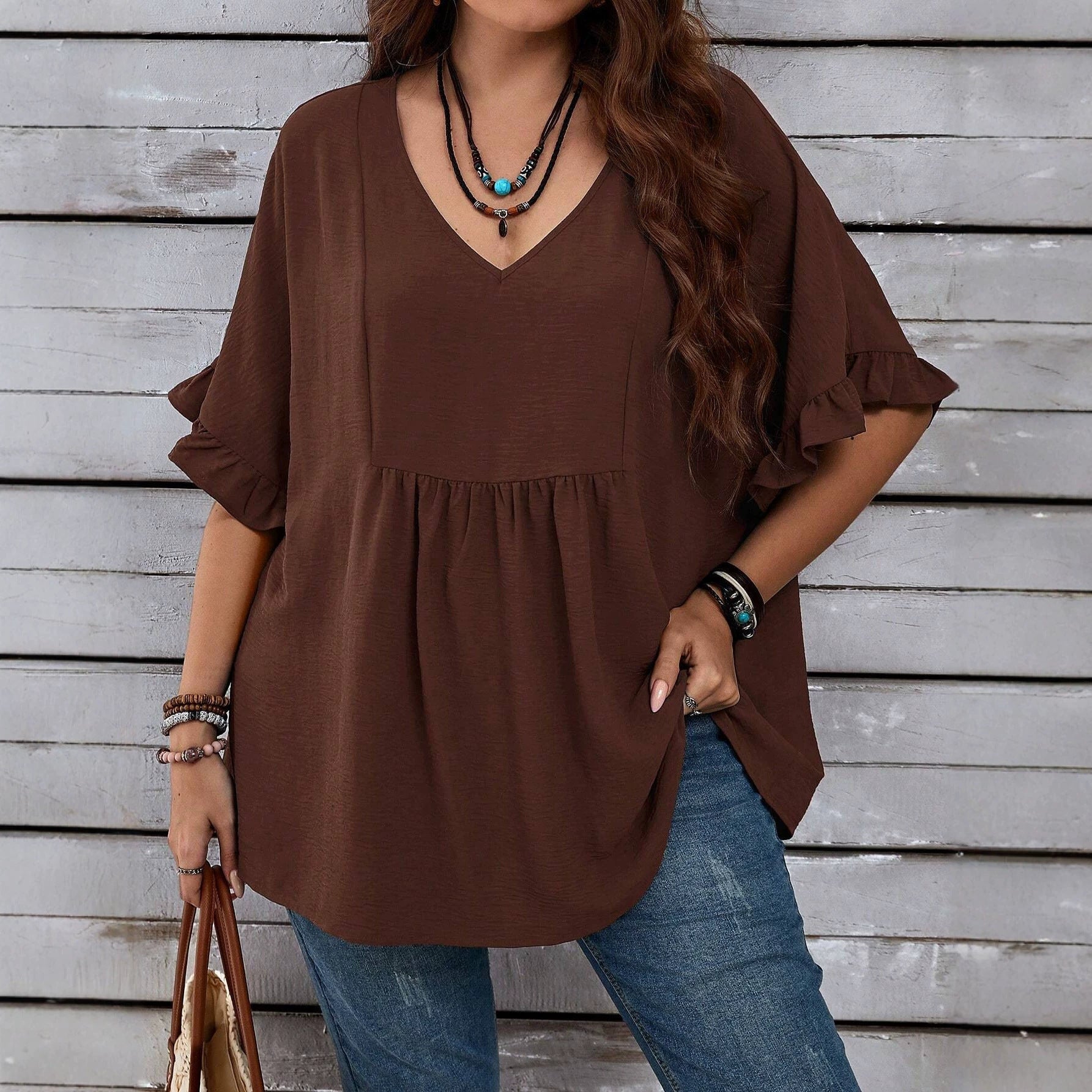Plus Size Summer Women V neck Solid Color Loose Ruffled High Waist Half Sleeve Top
