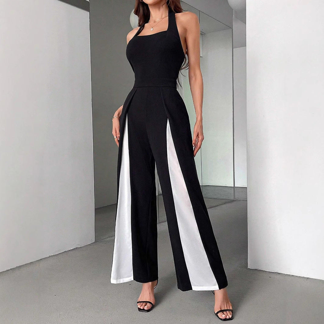 Black Straight Leg Halter Jumpsuit Sleeveless Trousers