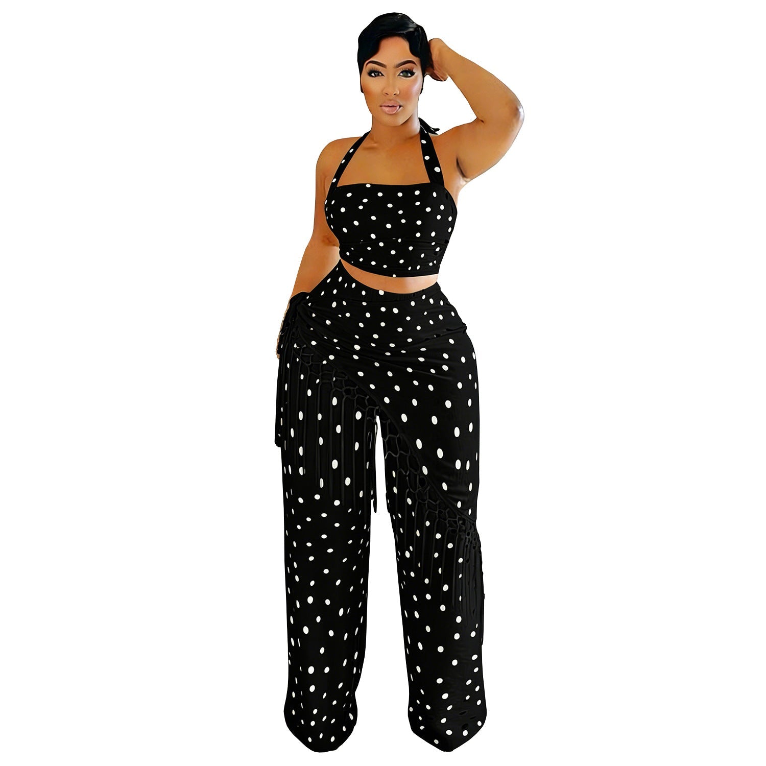 Women Wear Casual Thin Tassel Polka Dot Wide Leg Pants Set