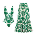 Floral V-Neck Ruched One Piece Swimsuit in Green and White