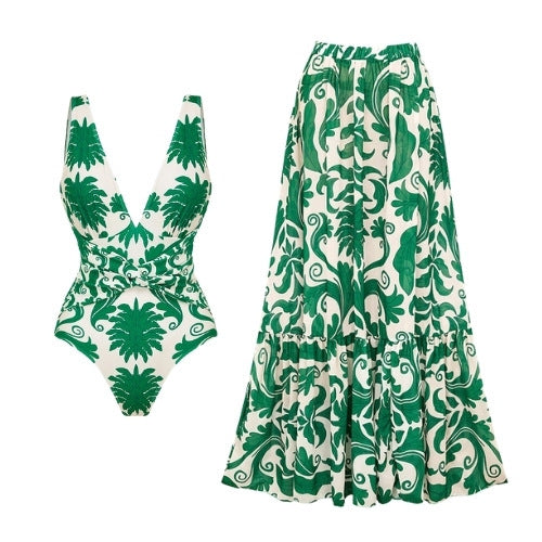 Floral V-Neck Ruched One Piece Swimsuit in Green and White