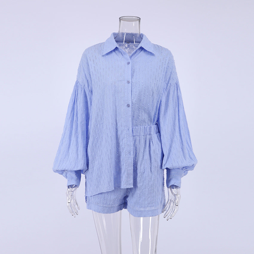 Summer French White Jacquard Cotton Puff Sleeve Casual Shorts Set Ladies Homewear Cool Pajamas