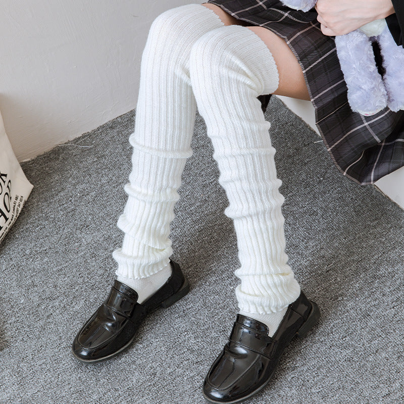 Women's Cream Knitted Ribbed Long Tube Calf Socks Leg Warmers - Image 10