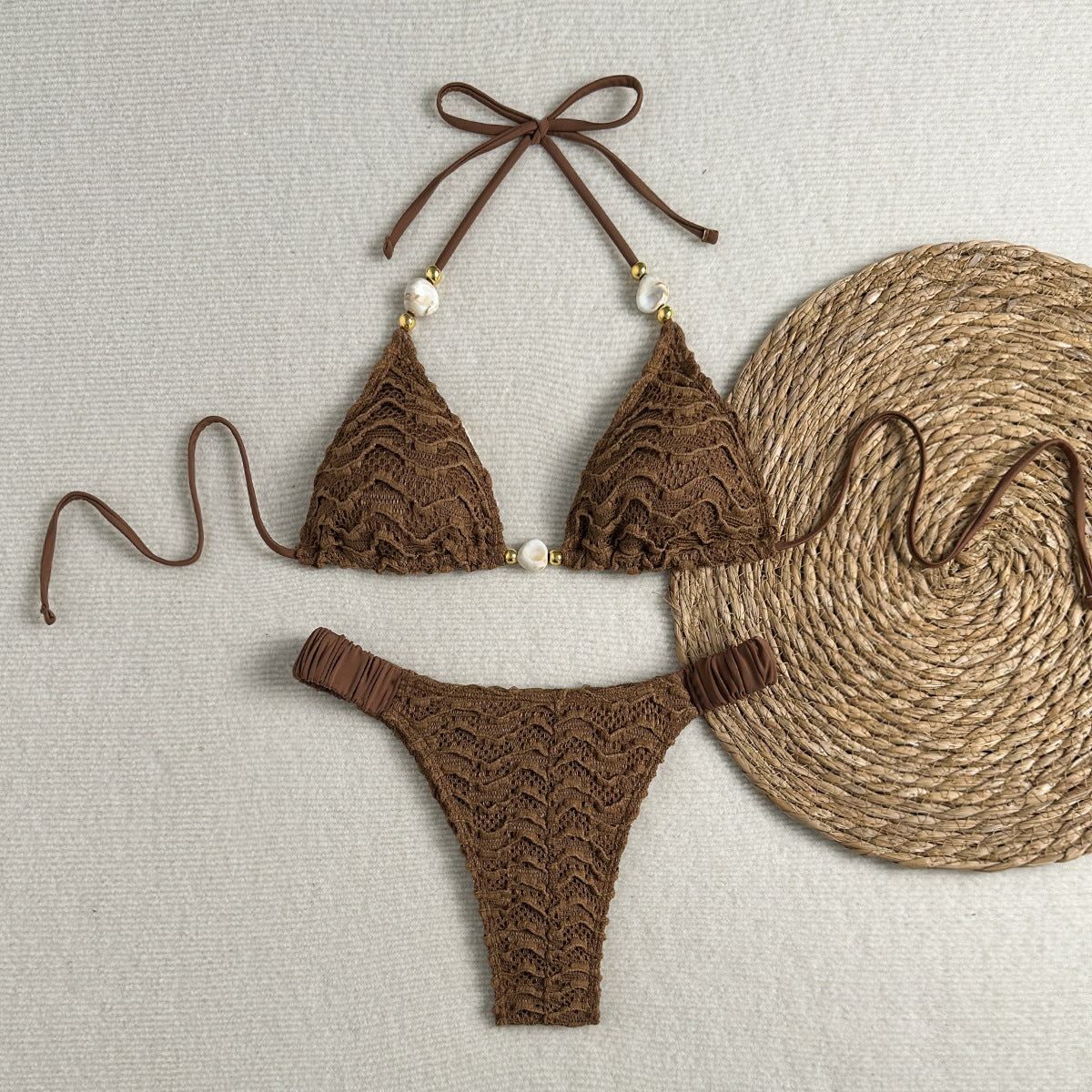 Textured Beaded Halter Bikini with Ruched Tie-Side Detail