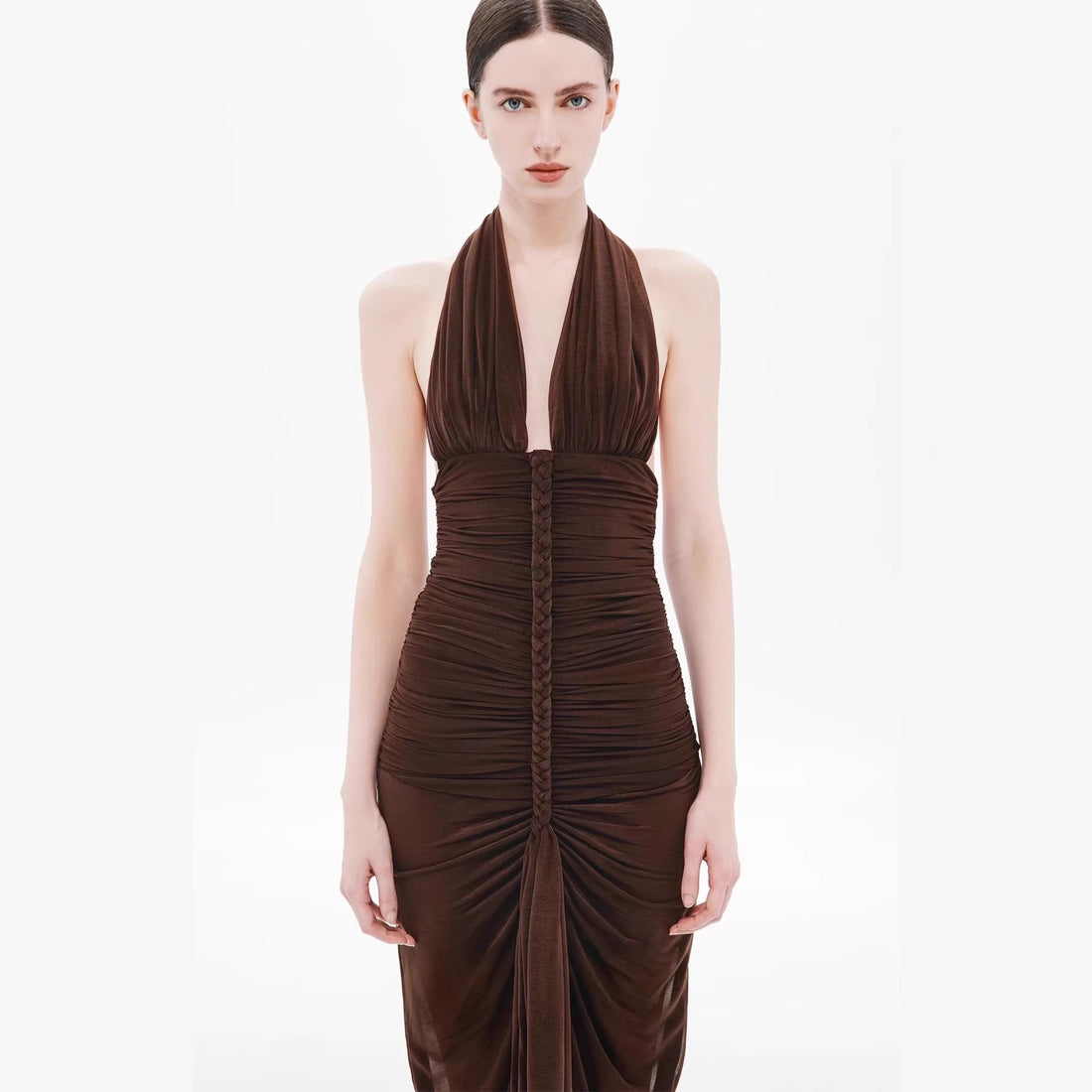 Sexy V-Neck Backless Ruched Halter Dress Slim Fit Evening Gown