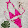 Sexy Solid Color Rhinestone Bandage Bikini Halter Swimsuit