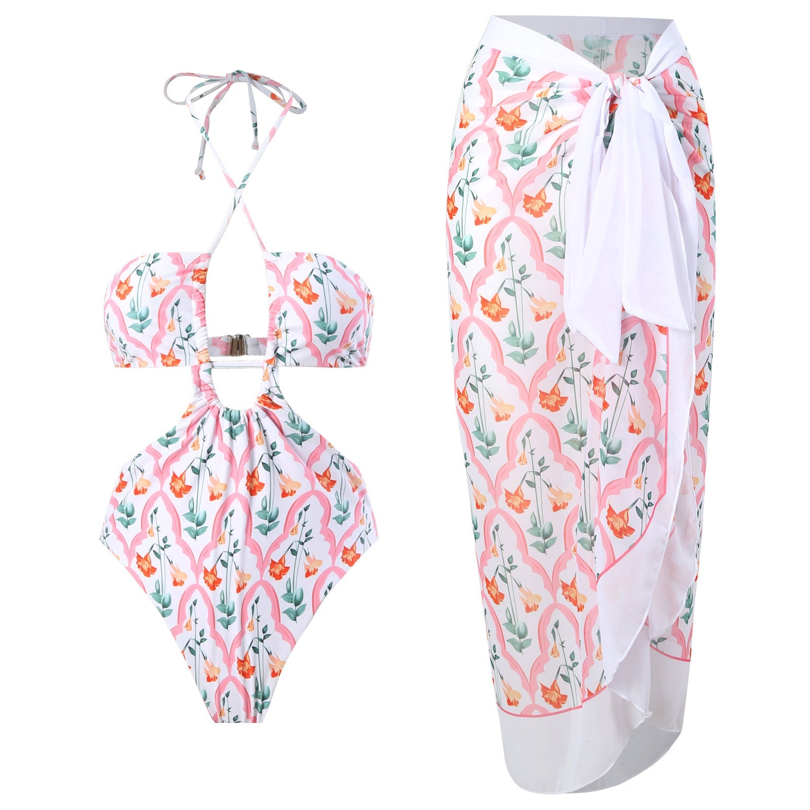 Sexy Double Sided One Piece Swimsuit Pleated Halter Bikini Suit Chiffon Dress