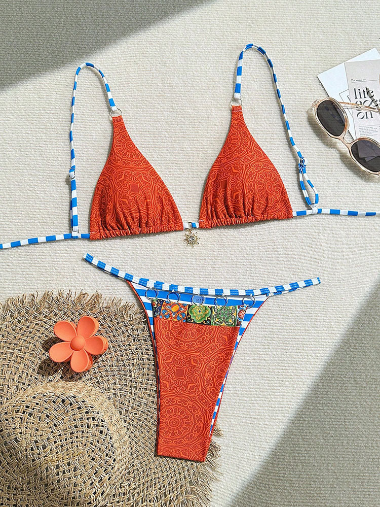 Geometric Color Block Lace-Up Bikini with Ruched Ring Detail
