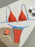 Geometric Color Block Lace-Up Bikini with Ruched Ring Detail