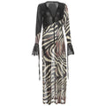 Summer Color Contrast Printed Sexy V neck Mesh Long Sleeve Dress