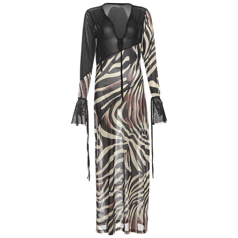 Summer Color Contrast Printed Sexy V neck Mesh Long Sleeve Dress