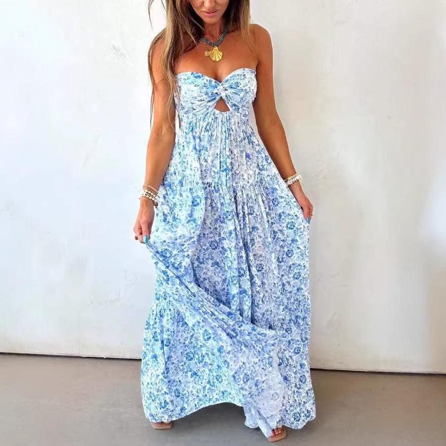 Summer Tube Top Floral Dress Seaside Vacation Twisted Hollow Out Cutout out Large Swing Dress for Women