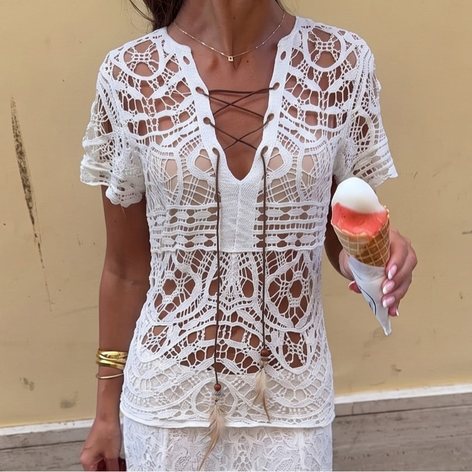 Hollow Out Cutout out Women Solid Color Beach Bikini Beach Casual Top