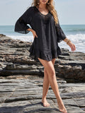 Boho Crochet Mini Beach Dress with Ruffled Sleeves & Cutouts
