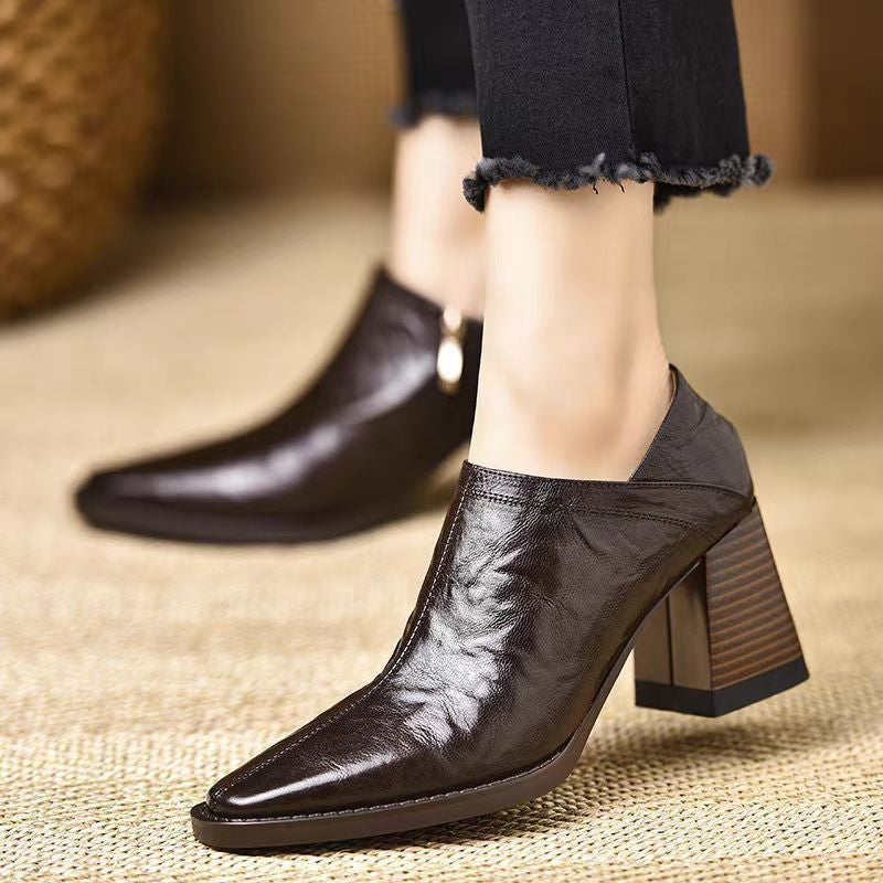 Women’s Dark Brown Chunky-Heel Ankle Boots with Side Zipper