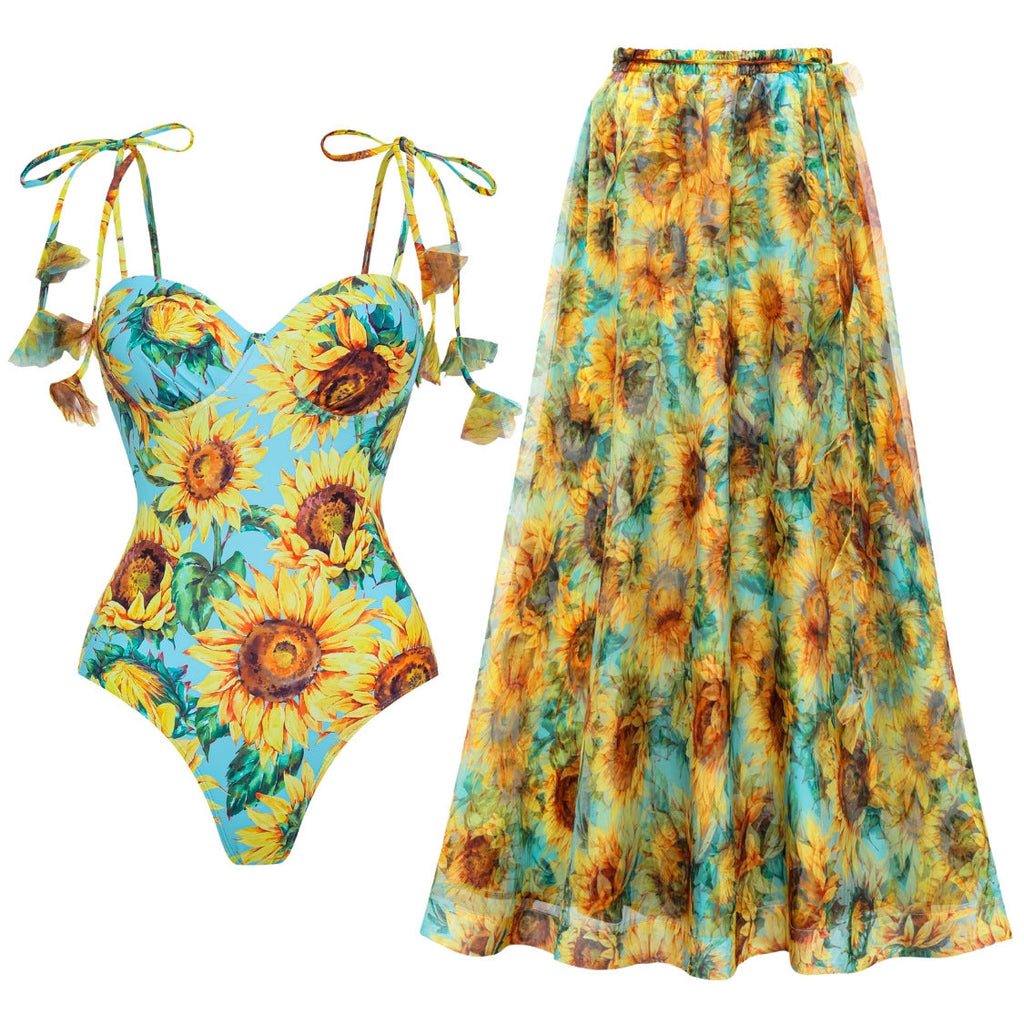Women’s Sunflower Print One Piece Swimsuit Boho Asymmetric Tie