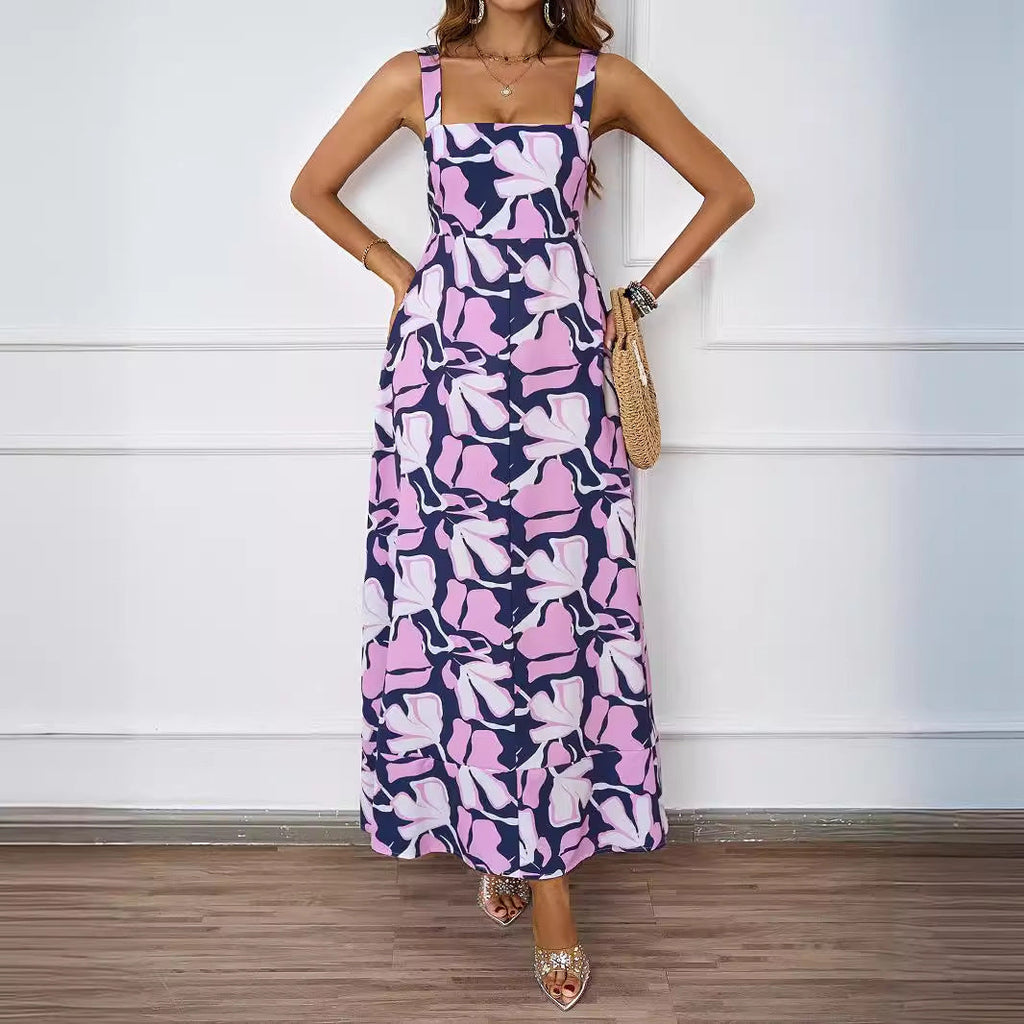 Women Clothing Summer Casual Strap Elegant A line Dress Floral Printed Dress