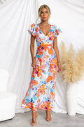 Spring Summer Floral Fresh Sweet V neck Lotus Leaf Sleeve Mid Length Dress