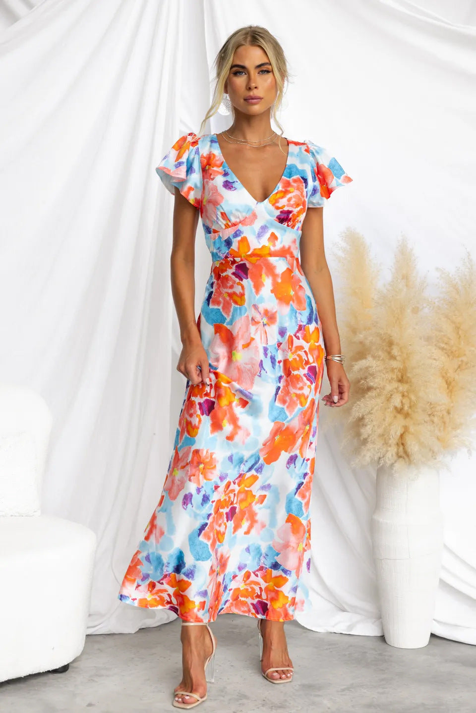 Spring Summer Floral Fresh Sweet V neck Lotus Leaf Sleeve Mid Length Dress