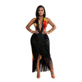 Women Clothing Shoulder Baring Halter Lace up Tube Top Printed Tassel Dress Irregular Asymmetric
