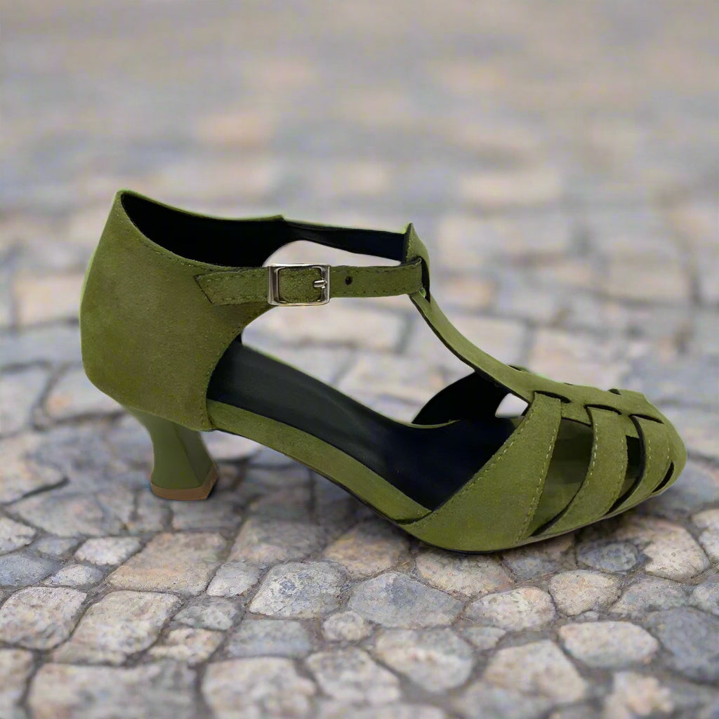 Women's Green Suede T-Strap Cutout Kitten Heel Sandals - Image 3