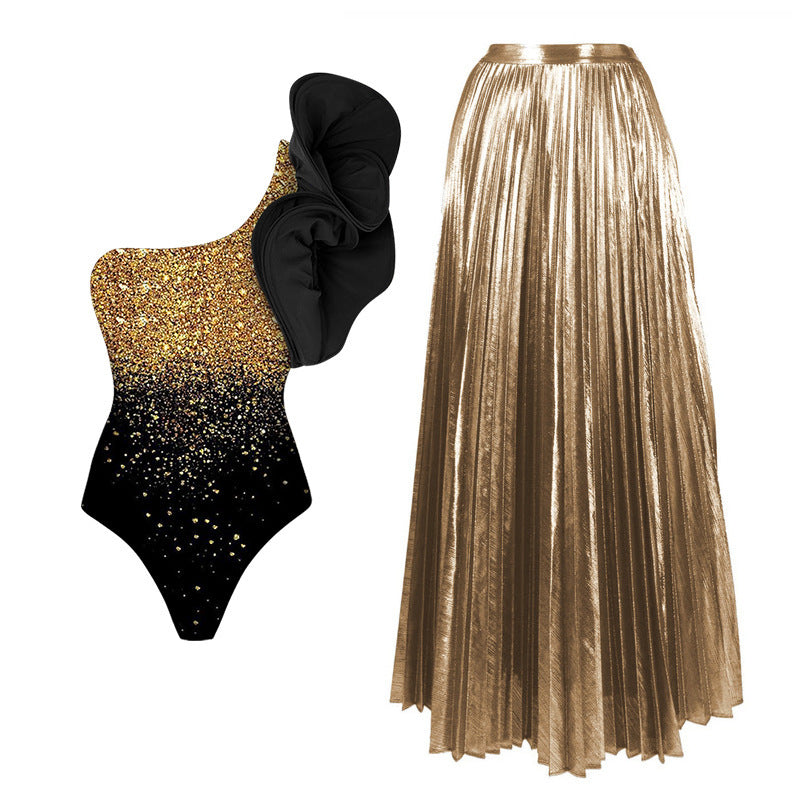 One Shoulder Boning Corset Ruffled Sequin One Piece Swimsuit