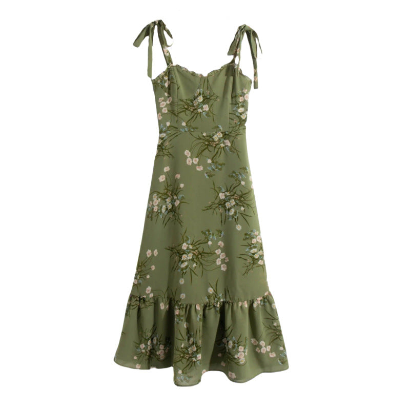 Summer French Minority Printed Lace up Cami Dress Beach Vacation Sexy Mid Length to