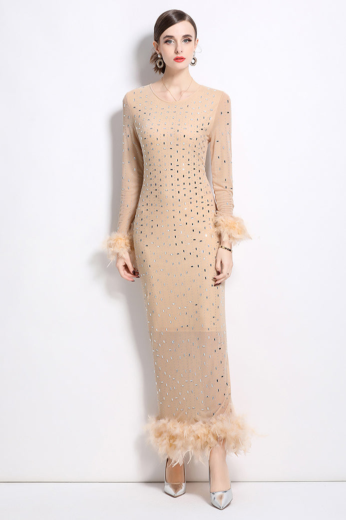 Women's Rhinestone Feather Maxi Party Dress - Bodycon Long Sleeve