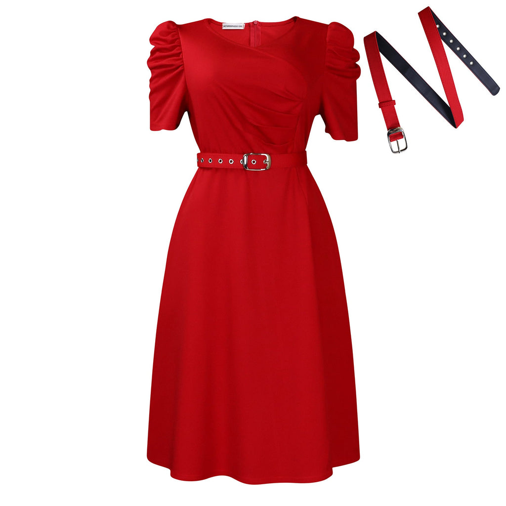 Women Clothing Pleated Elegant V neck Large Swing Dress