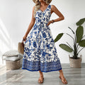 Summer Retro Vacation Blue White Porcelain Printed Sleeveless Dress