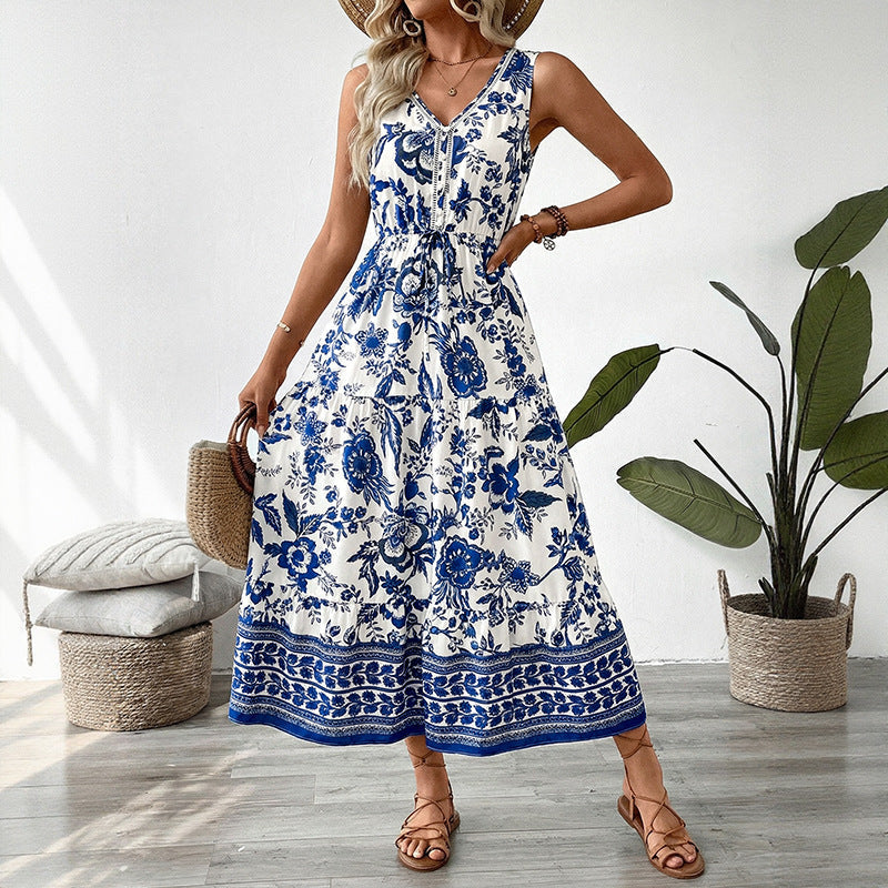 Summer Retro Vacation Blue White Porcelain Printed Sleeveless Dress