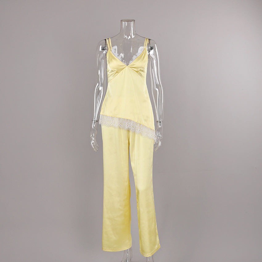 Women Stitching Lace Imitated Silk Pajamas Suspender Trousers Two Piece Sets Home Wear Autumn