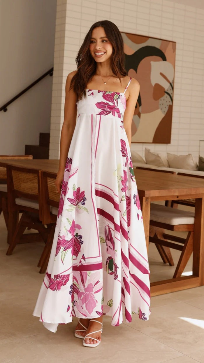 Printed Sling High Waist A line Dress Casual Vacation Spaghetti Straps Maxi Dress