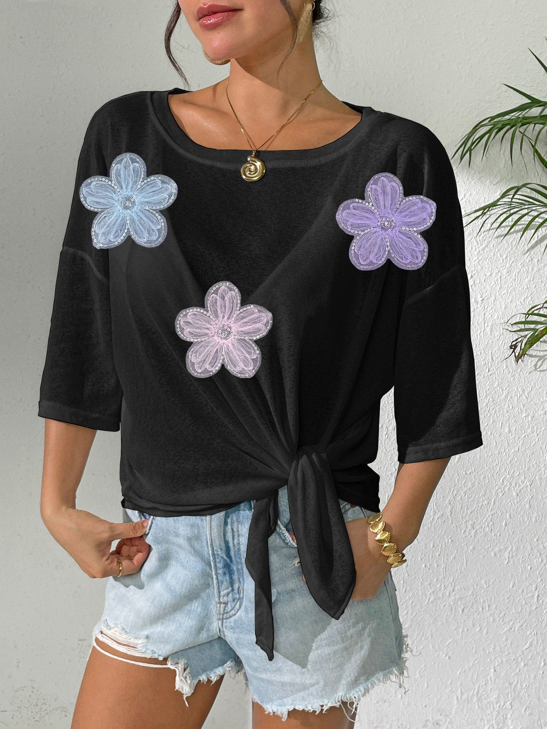 Women’s Boho Off Shoulder Beach Cover Up Floral Tie Detail Top