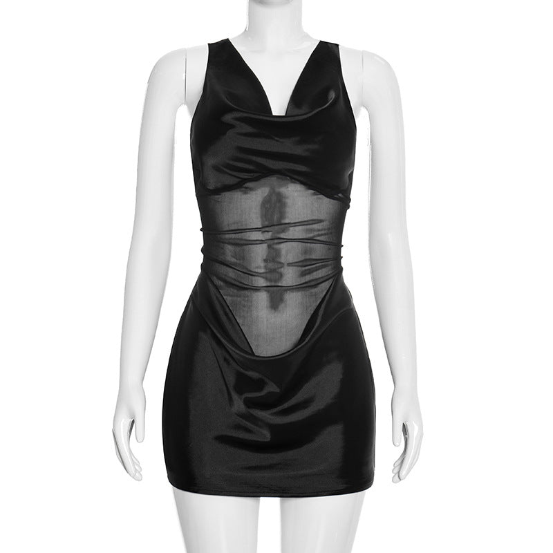 Spring Summer Women Clothing Sleeveless V neck Woven Stitching Gauzy Package Hip Short Evening Dress