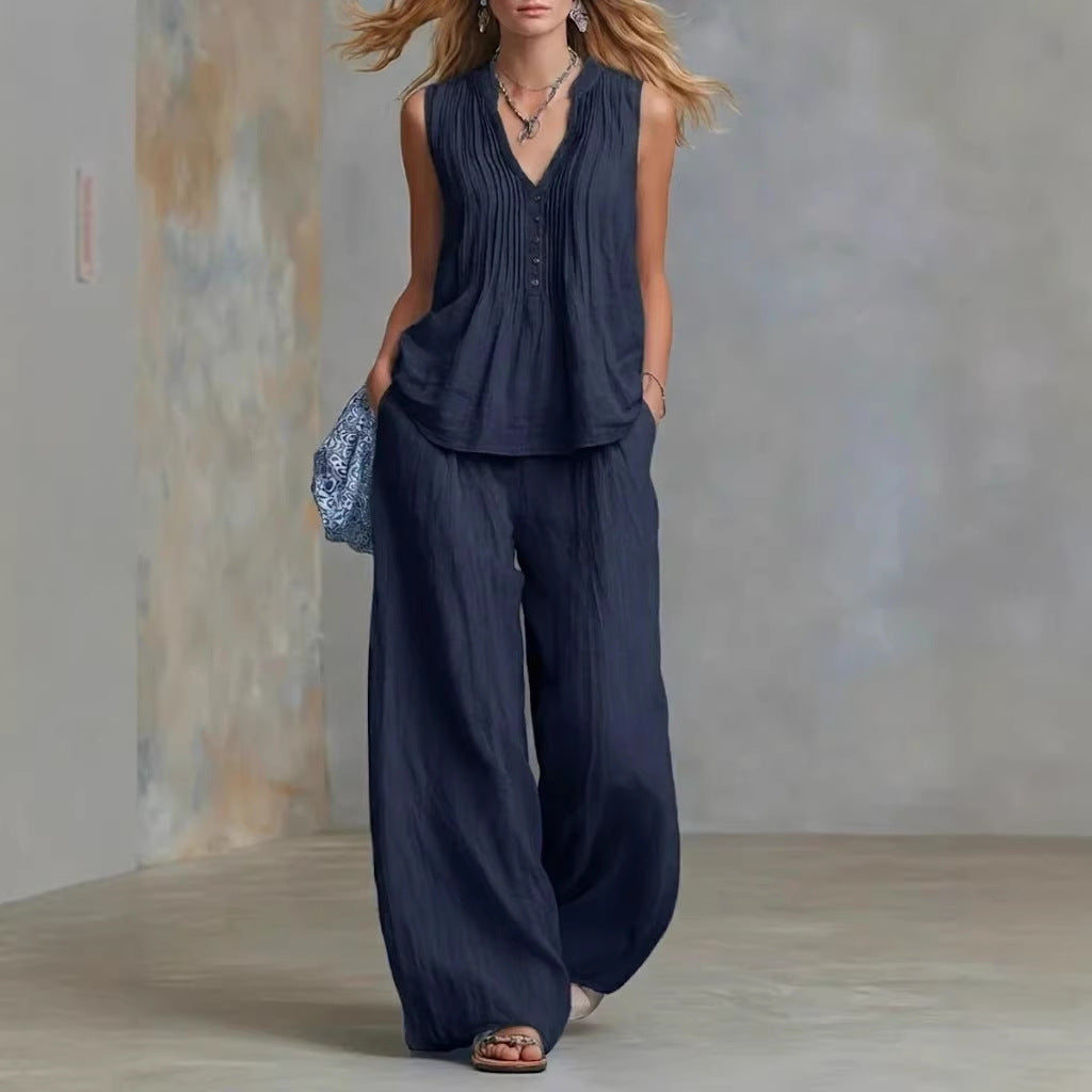 Women Clothing Summer Casual Stylish Solid Color Sleeveless V neck Set