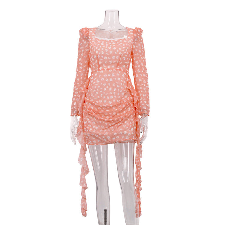 Sexy Floral Dress Women Summer Square Collar Long Sleeve Pleated High Waist Hip