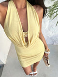 Summer Halter Backless Dress Metal Floral Decorations Slim Fit Slimming Vacation Hip Dress