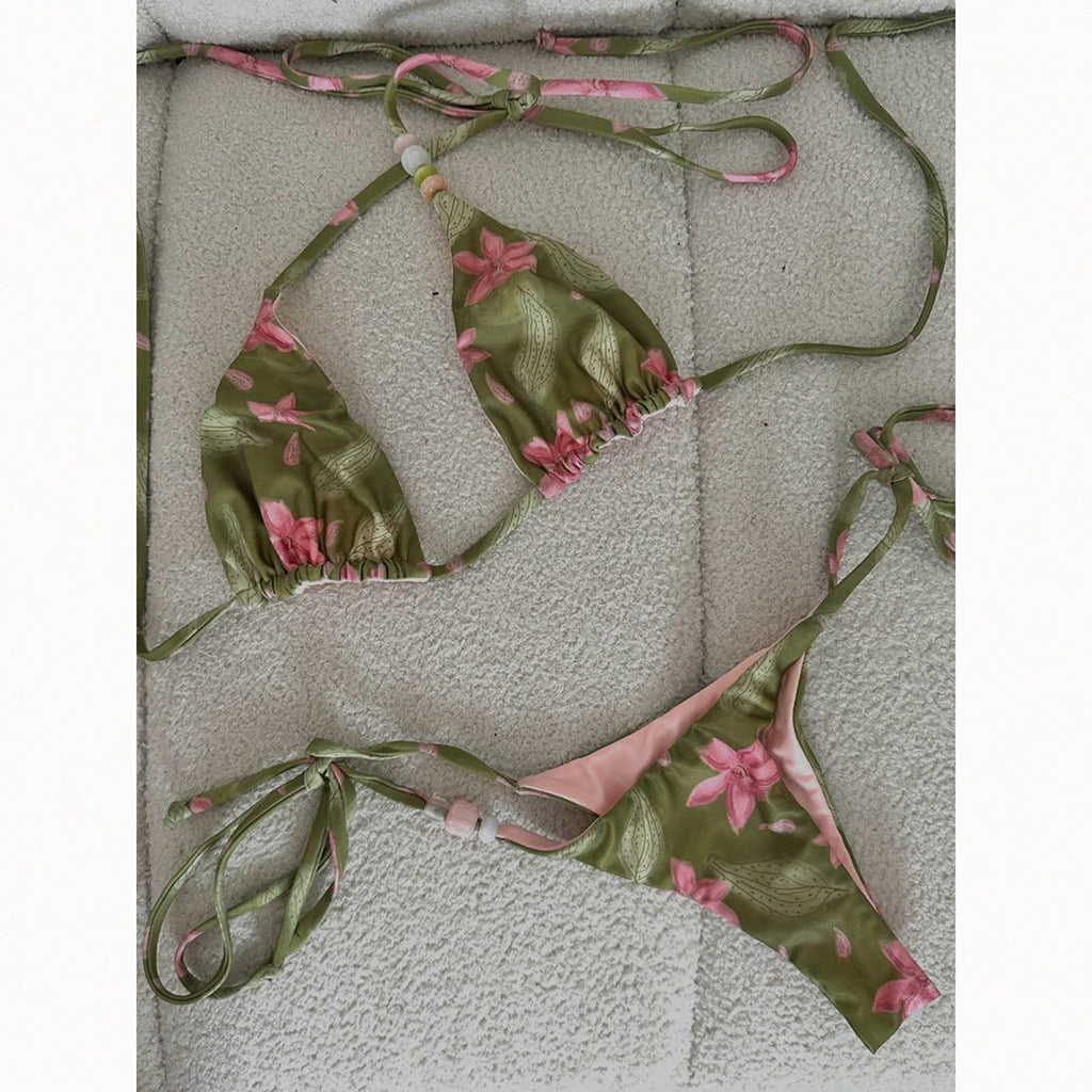 Floral Print Ruched Halter Bikini Set with Tie Detail