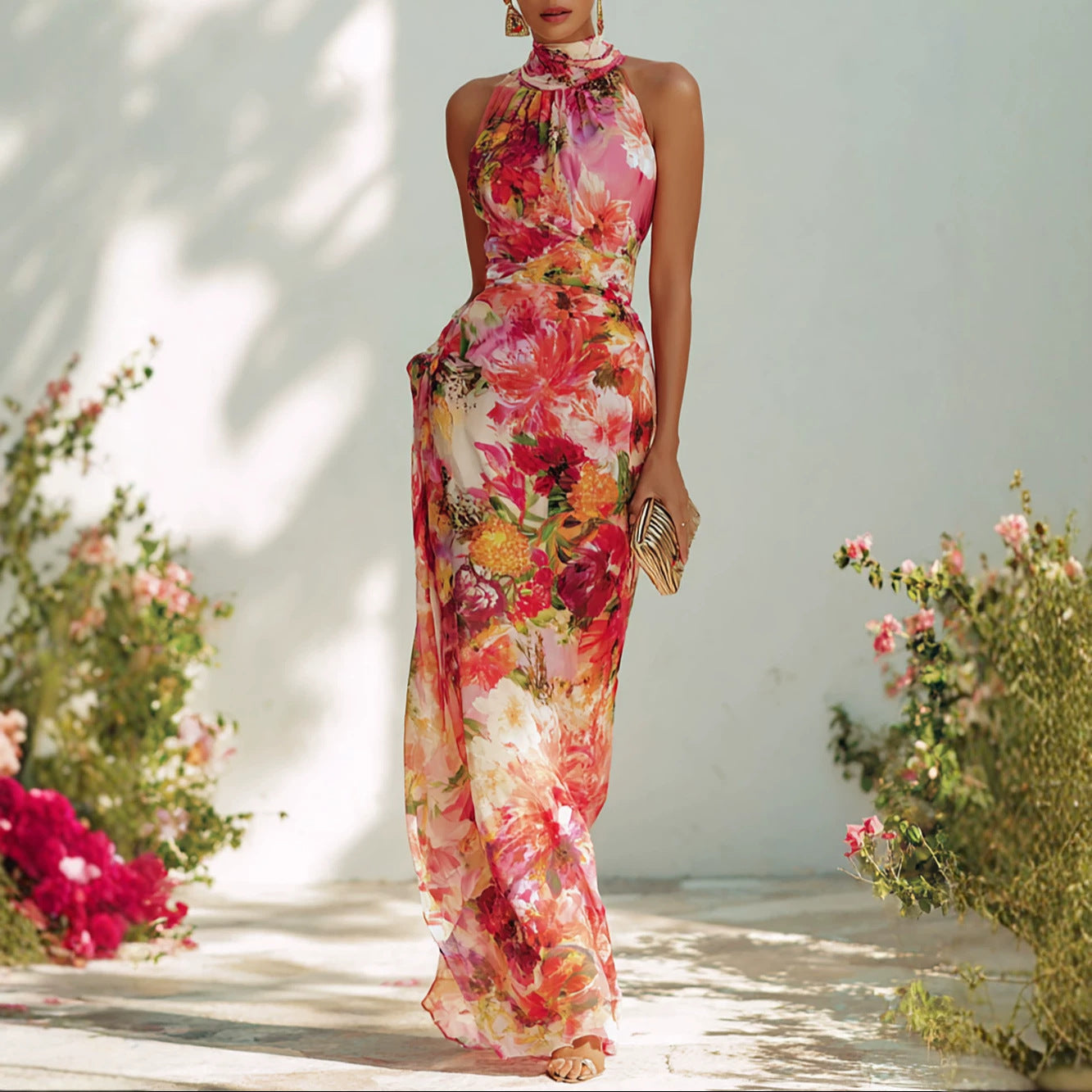 Romantic Halter Floral Print Dress Sleeveless off the Shoulder Waist Fitted Figure Flattering Chiffon Holiday Dress
