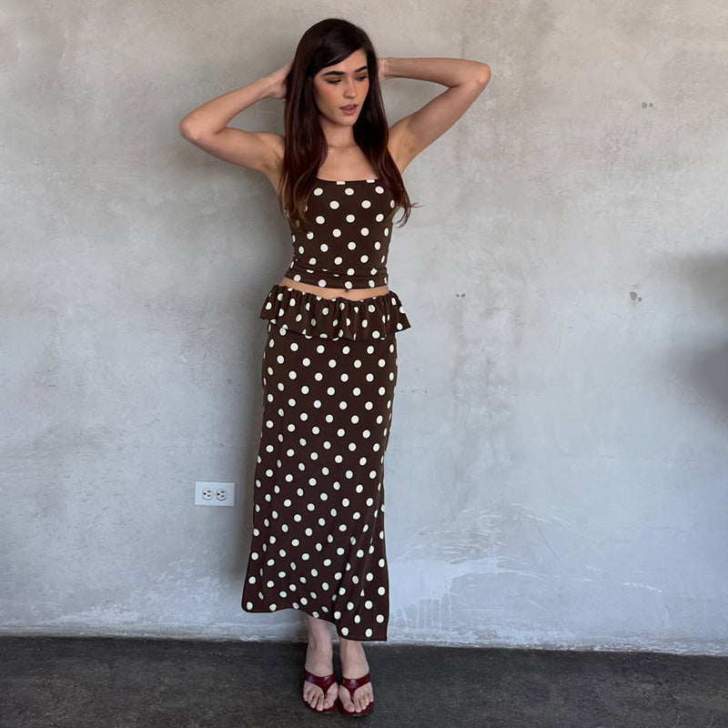 Women Clothing Summer Sexy Polka Dot Brace Split Lace Skirt Casual Two Piece Sets