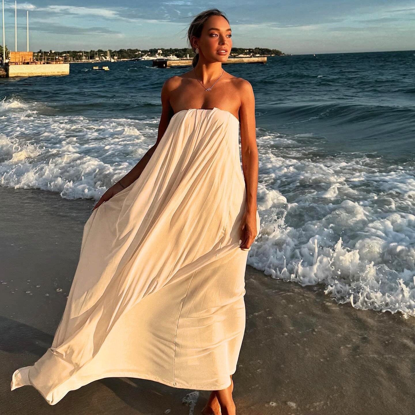 Summer Elegant Lazy Loose Drooping Tube Top Dress Seaside Vacation Large Swing Dress