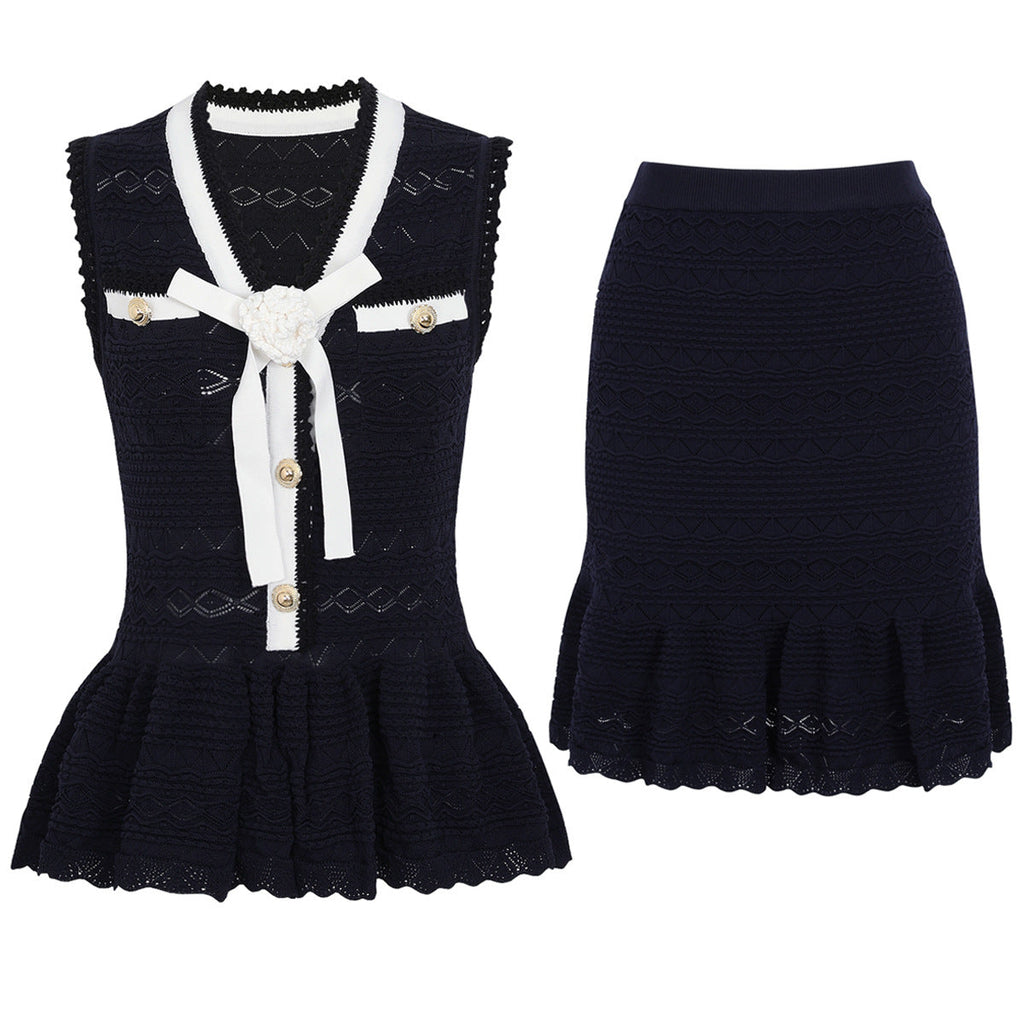 Summer Trending Knitted Women Sleeveless Shirt Skirt Two Piece Sets