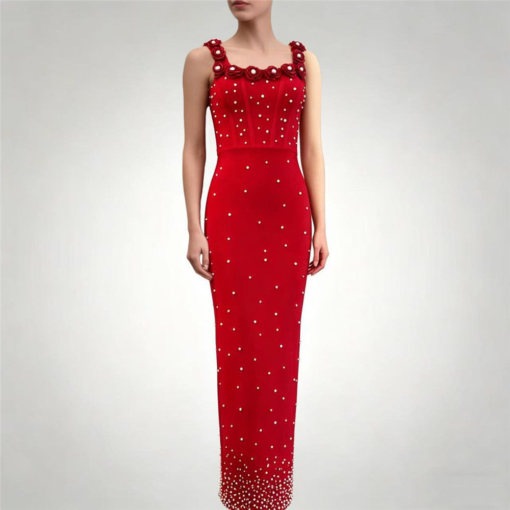 Summer Sexy Women Wear Heavy Industry Beads Floral Sleeveless Square Collar Bandage One Piece Dress Slim Fit Formal Dress